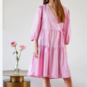 Selected Femme EU size 34‎ the Lise pink blue floral wrap cotton mini dress NWOT